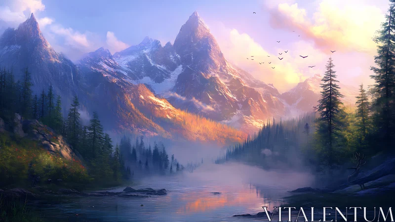 Alpine river valley at sunrise with pine forest and mist banks.