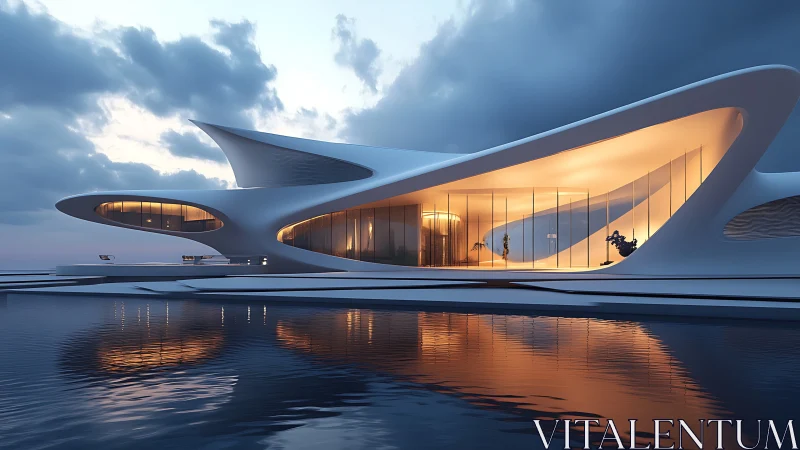 Futuristic Waterside Architecture at Dusk.