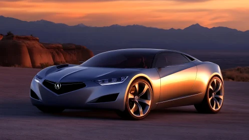 Silver Acura sports coupe rendered on desert road at dusk.