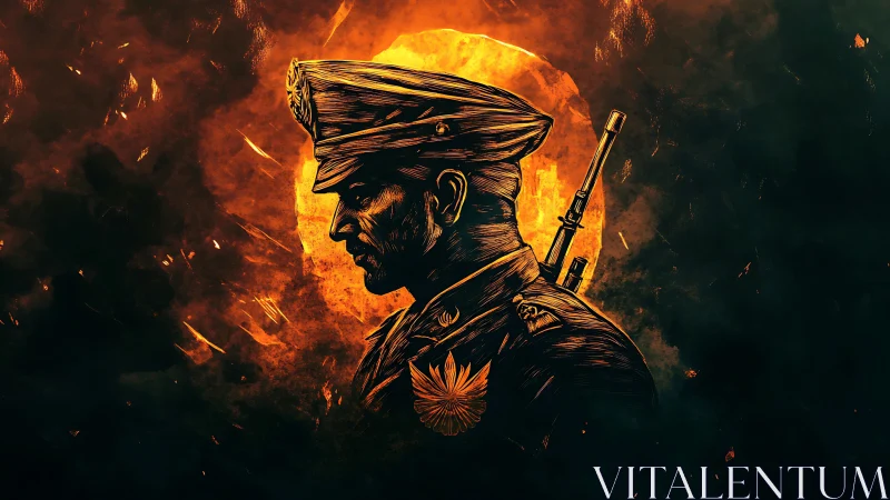 Military officer profile in fiery orange battlefield glow.