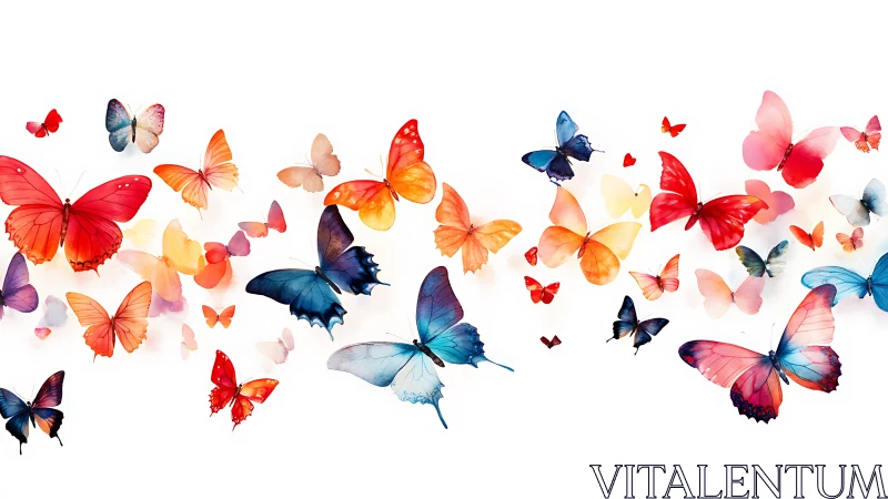 Colorful watercolor butterflies drift across white space