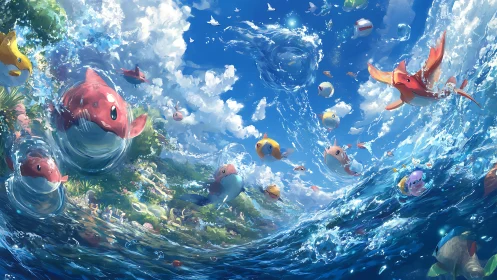 Vibrant stylized sea creatures swirl through dynamic ocean waves