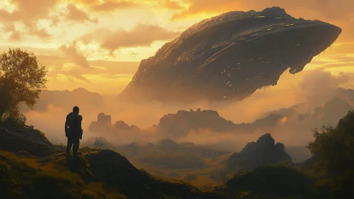 Lone explorer watching huge alien ship at golden sunset