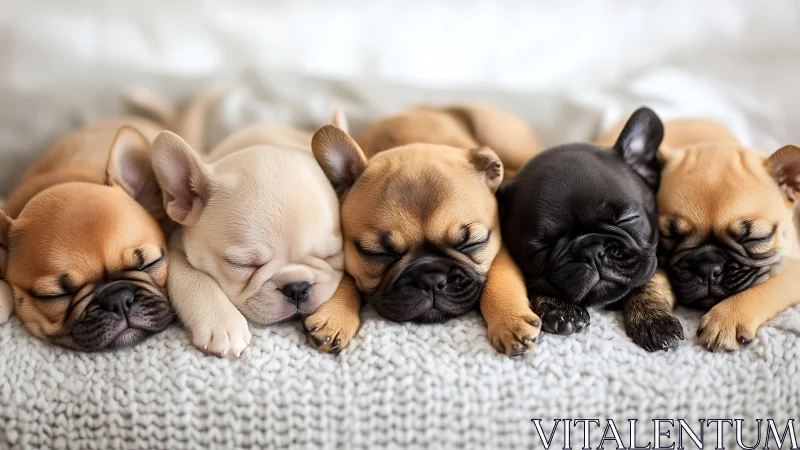 Five sleeping French bulldog puppies aligned on knitted blanket
