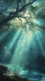 Sunlit forest canopy over calm turquoise woodland pool.