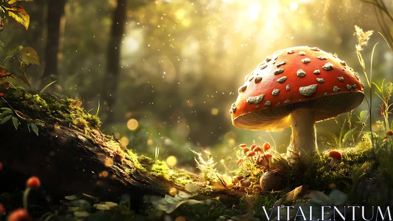 Red mushroom in sunlit forest with moss and spores.