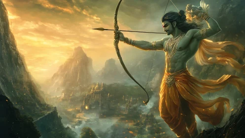 Mythic archer poised above illuminated valley landscape.