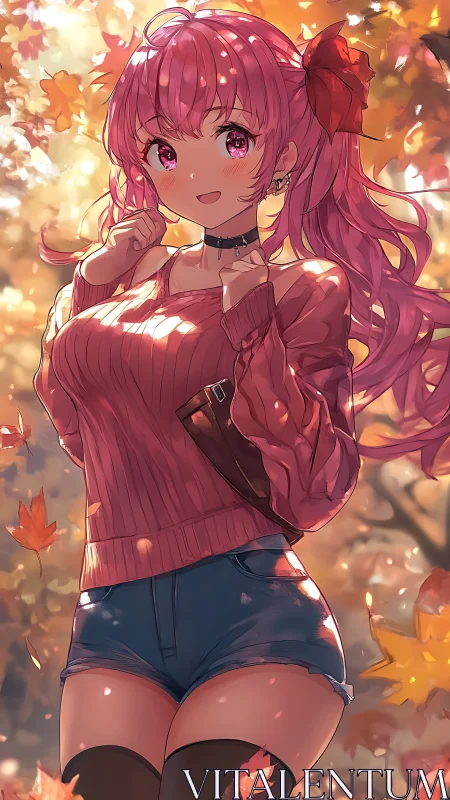 Warm-hearted pink haired girl enjoys a golden autumn day