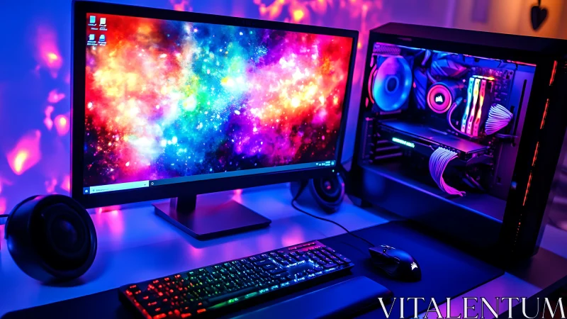 RGB gaming workstation with neon backlit desktop setup.