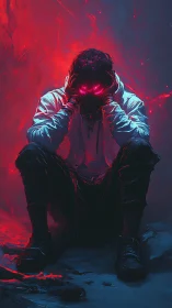 Hooded figure seated in red and blue illuminated environment.