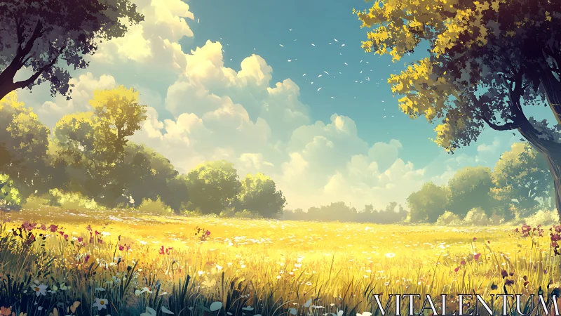 Sunlit wildflower meadow under cumulus-laden summer sky.