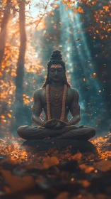 Seated meditative deity statue in autumn forest light.