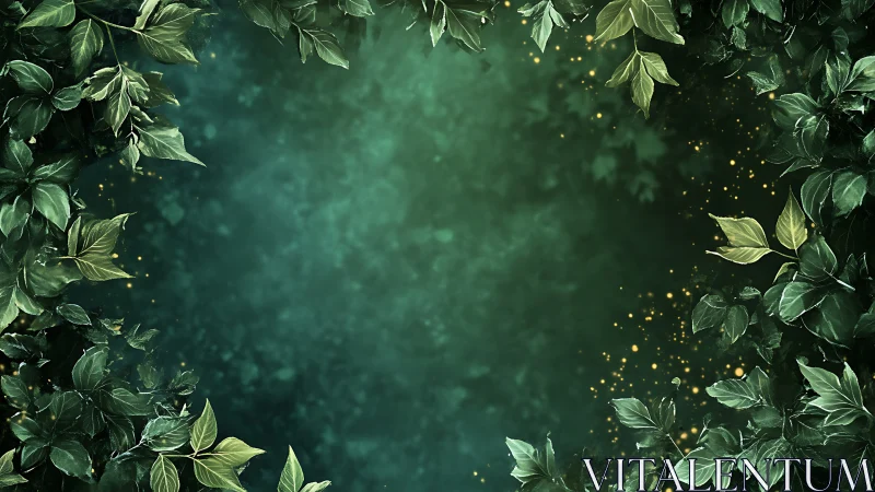 Emerald vignette foliage border with glowing particulate fireflies