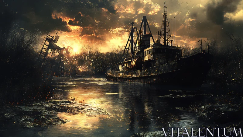Rusting ship rests in a fiery, post‑apocalyptic river dusk
