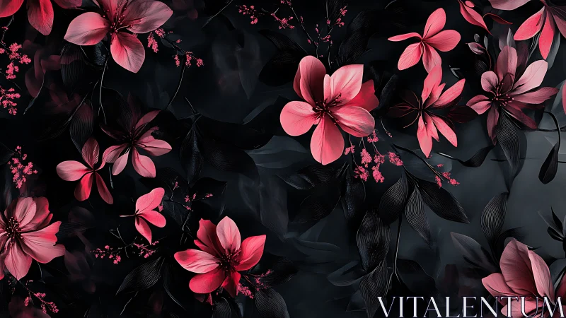 Pink Botanical Blooms Against Dark Digital Background.