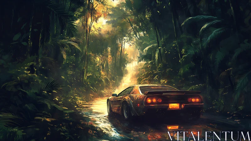 Sports car cuts through rainforest road under golden rain