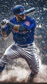 Slugger in blue uniform swings through heavy rainstorm.
