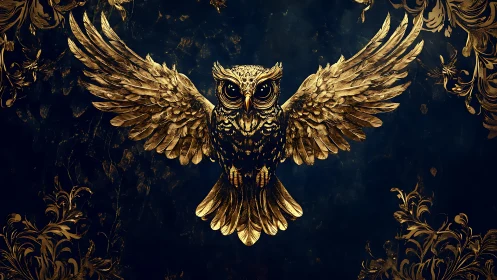Majestic Golden Owl with Spread Wings in Ornate Baroque Style.
