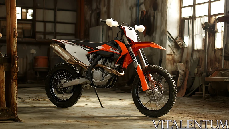 Off-road dirt bike stands ready in a sunlit, gritty workshop