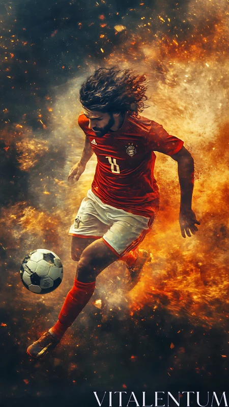 Dynamic football striker in fiery motion digital painting.