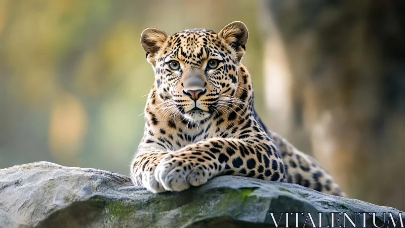 Leopard Resting on Stone with Piercing Gaze.