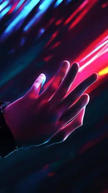 Outstretched hand basks in soft neon light and color trails