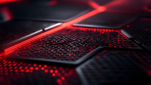 Futuristic hexagonal panels with glowing red lights, digital style.