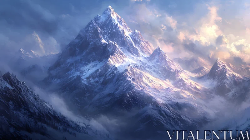 Icy mountain range catches sunrise along misted ridges.