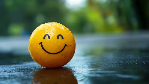 Bright yellow smiley ball rests cheerfully on a rainy day