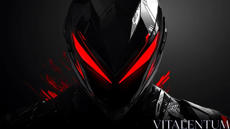 Black armored cyborg helmet with red glowing visor eyes.
