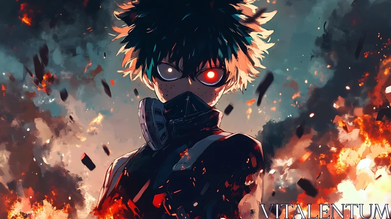 Masked ember-eyed antihero stalking through painted firestorm.