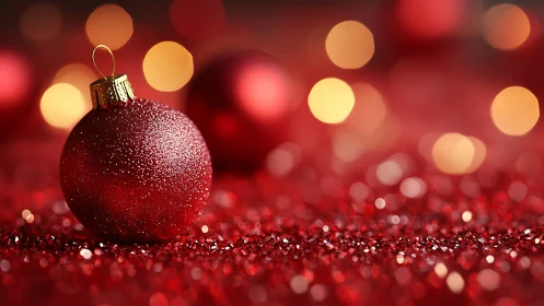Glistening red bauble on glittering festive backdrop.