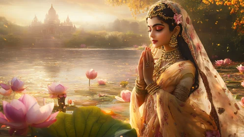 Devotional woman by lotus lake before sunlit Indian temple