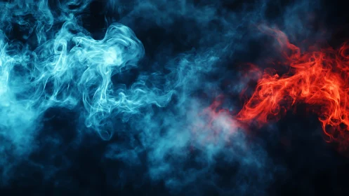 Elemental blue and red smoke collide in dramatic motion.