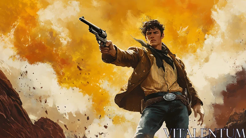 Fearless young cowboy stands tall in a blazing desert sky.