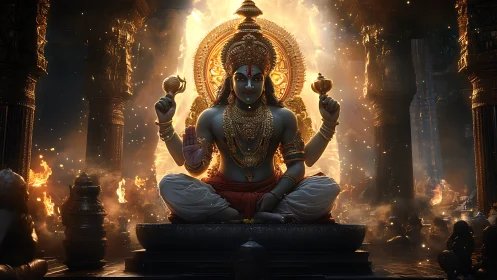 Seated multi-armed deity in ornate temple with fire backdrop.