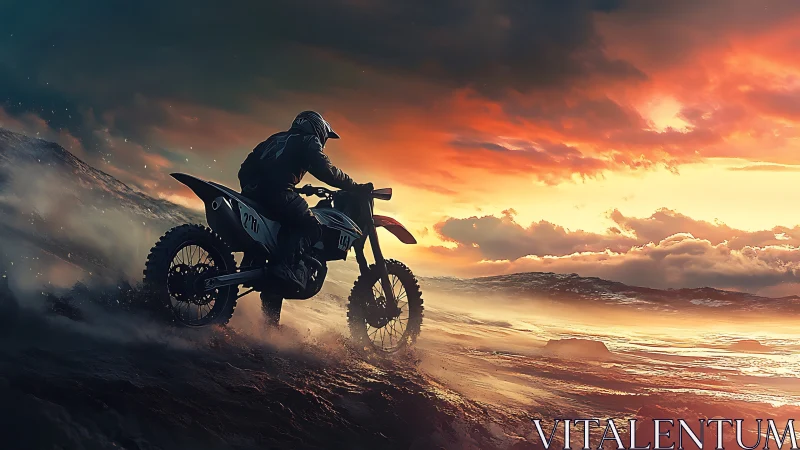 Sunset trail rider on rugged coastal dirtscape horizon.