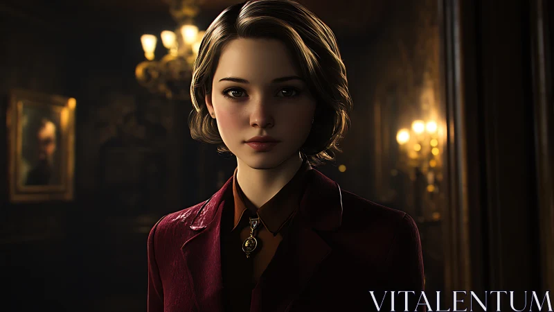 Young sleuth in crimson coat haunts a lamplit manor hall.