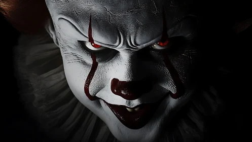 Sinister clown face emerges from darkness with glowing eyes