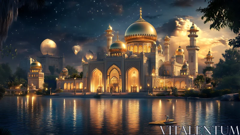 Starlit golden domed palace mirrored on tranquil lake.