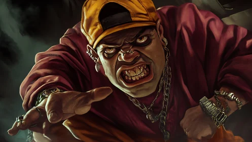 Snarling street thug lunges forward in dramatic close-up