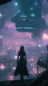 Silhouetted wanderer beneath luminous cyberpunk megastructure.