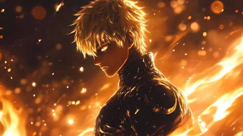 Male figure stands in side profile amid dense orange flames