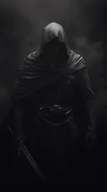 Hooded shadow assassin in low key monochrome cinematic lighting