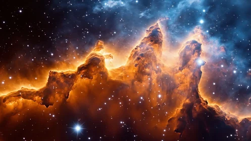 Photorealistic stellar nebula ridge with luminous dust plumes.