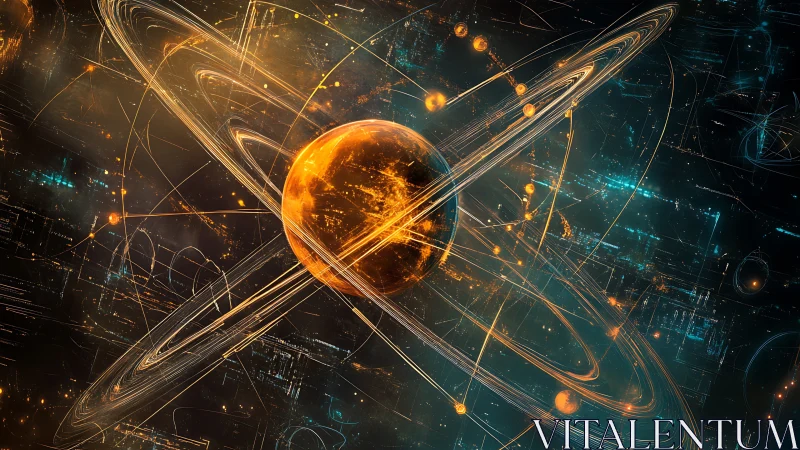 Cyberpunk orbital nexus with luminous atom-core construct.