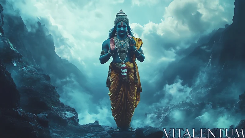 Divine blue deity in stormy mountain mist with golden robes