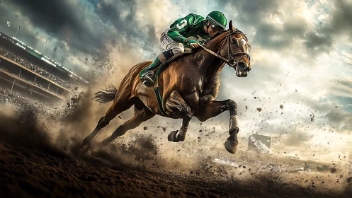 Thunder-hoofed racehorse storms through a storm of flying dirt.