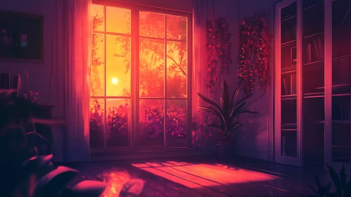 Sunset-soaked reading room wrapped in gentle glowing calm.