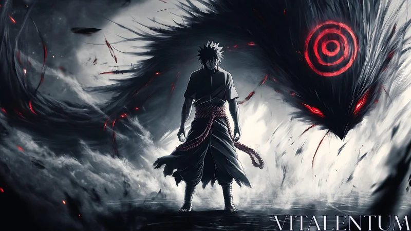 Dark cloaked figure with spectral beast in stormy landscape.